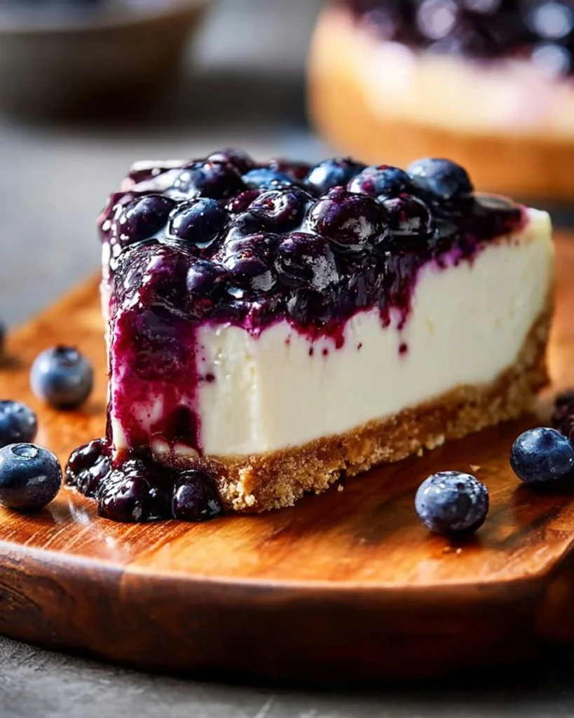 Delicious no-bake blueberry cheesecake topped with fresh blueberries