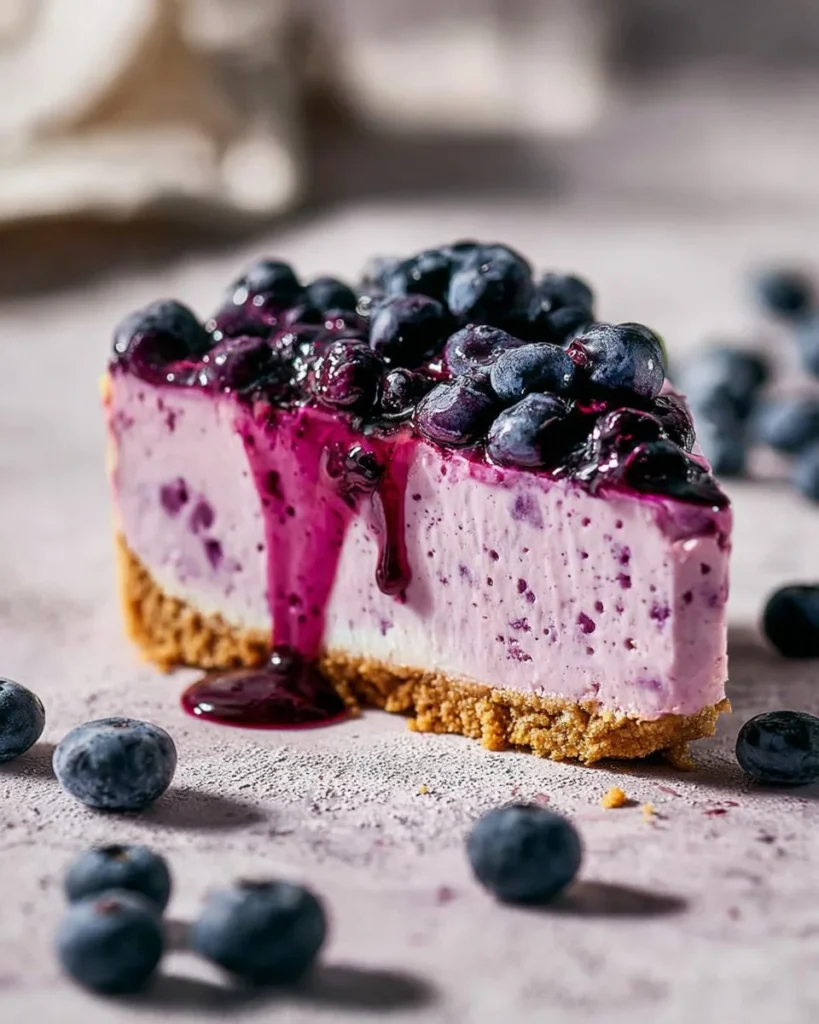 No-bake blueberry cheesecake topped with fresh blueberries