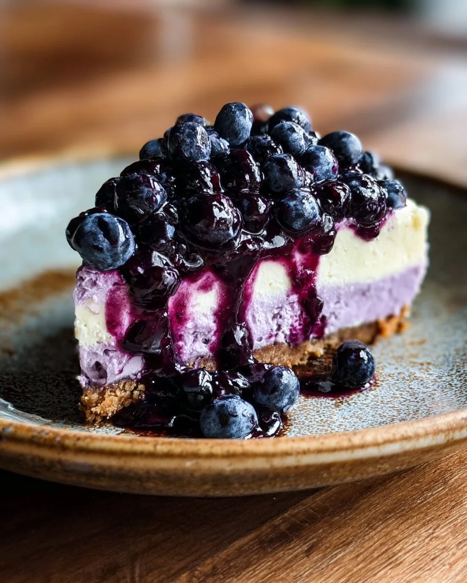 No-bake blueberry lemon cheesecake topped with fresh blueberries and lemon zest.