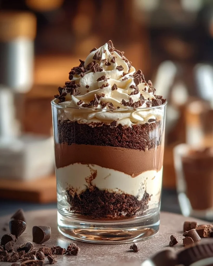No-bake brownie cheesecake parfait layered with chocolate and cream cheese