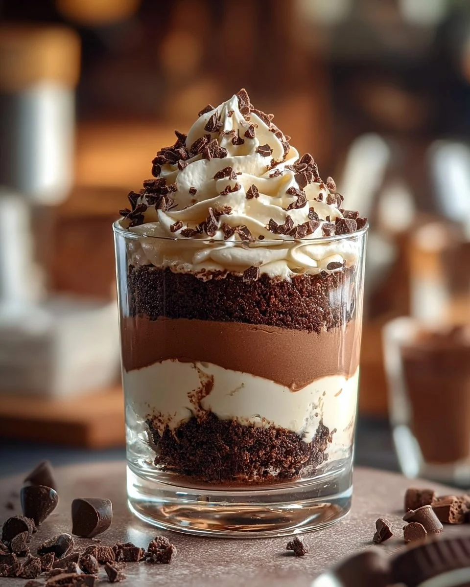 No-bake brownie cheesecake parfait layered with chocolate and cream cheese