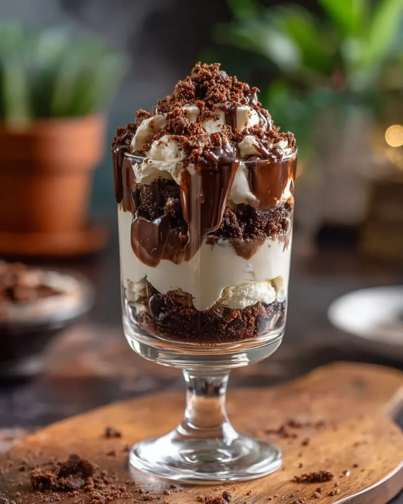 No-Bake Brownie Cheesecake Parfait with layers of brownie and cheesecake