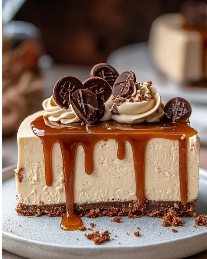No-Bake Caramel Rolo Cheesecake topped with chocolate and caramel sauce