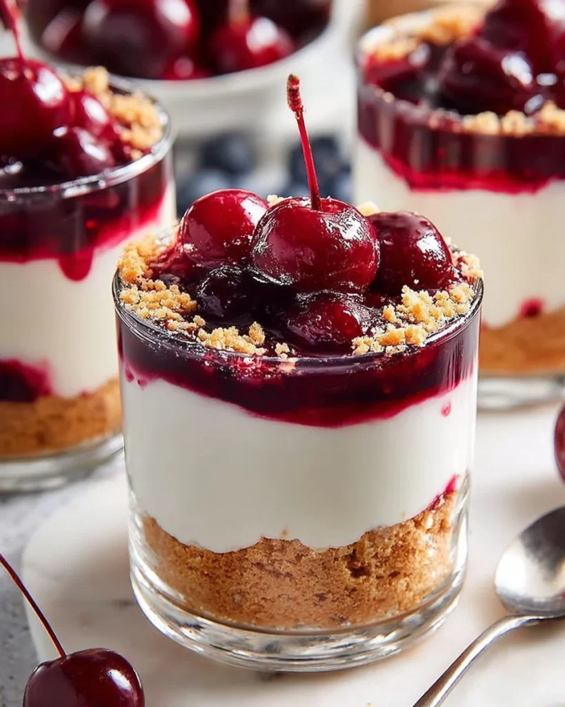 No-Bake Cherry Cheesecake Parfaits topped with cherry glaze and whipped cream