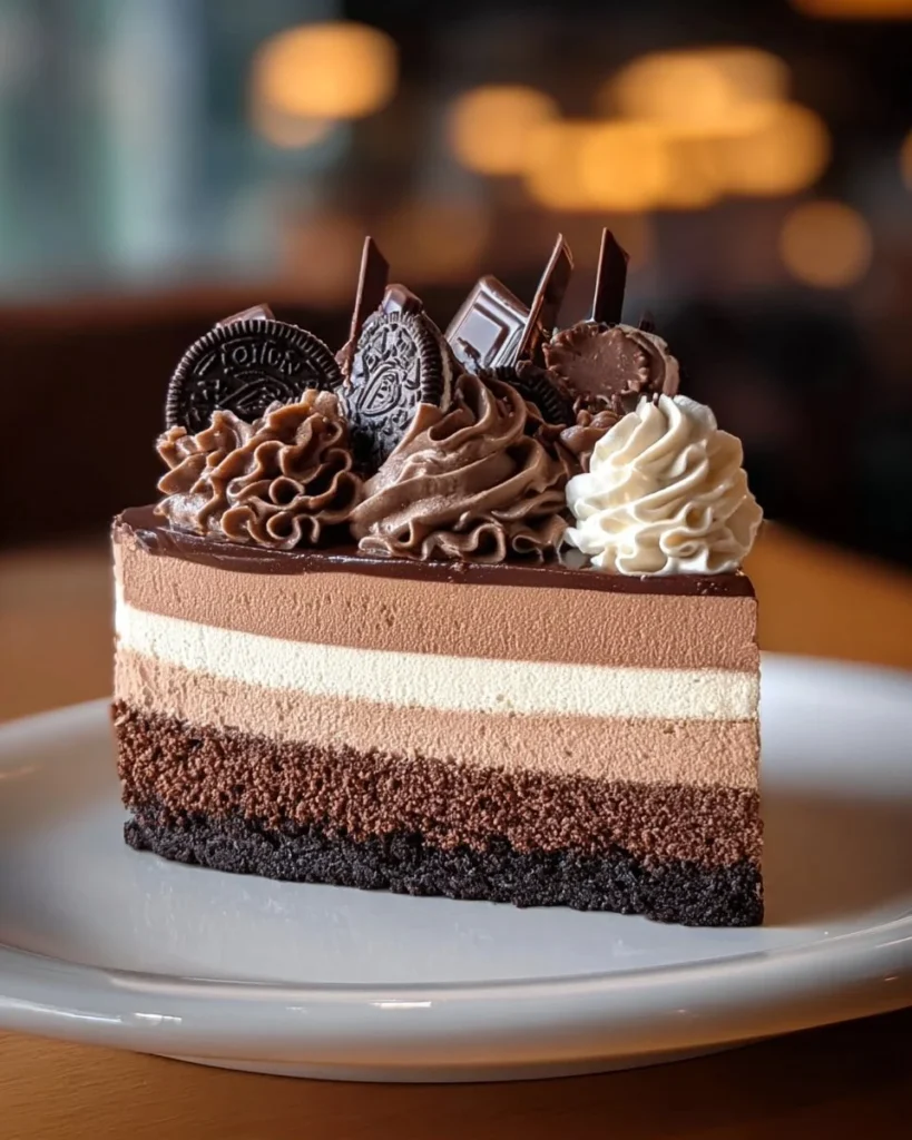 No-Bake Chocolate Cheesecake with chocolate drizzle and whipped cream topping