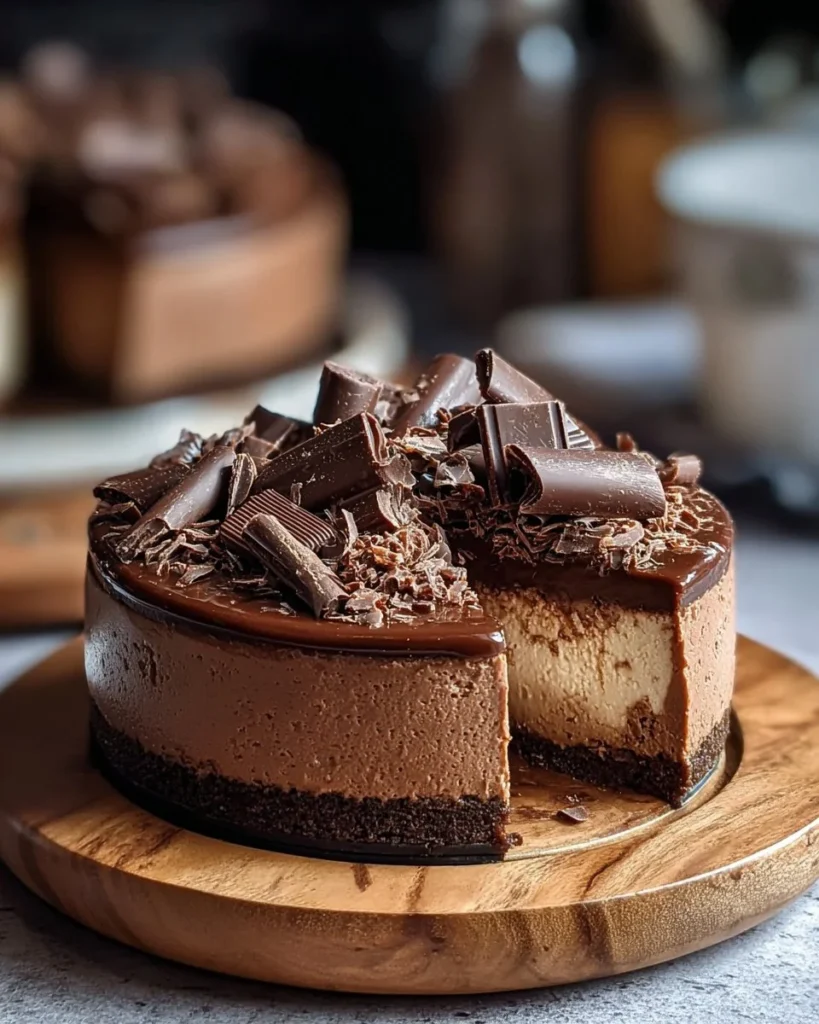 Delicious no-bake chocolate cheesecake topped with chocolate shavings.