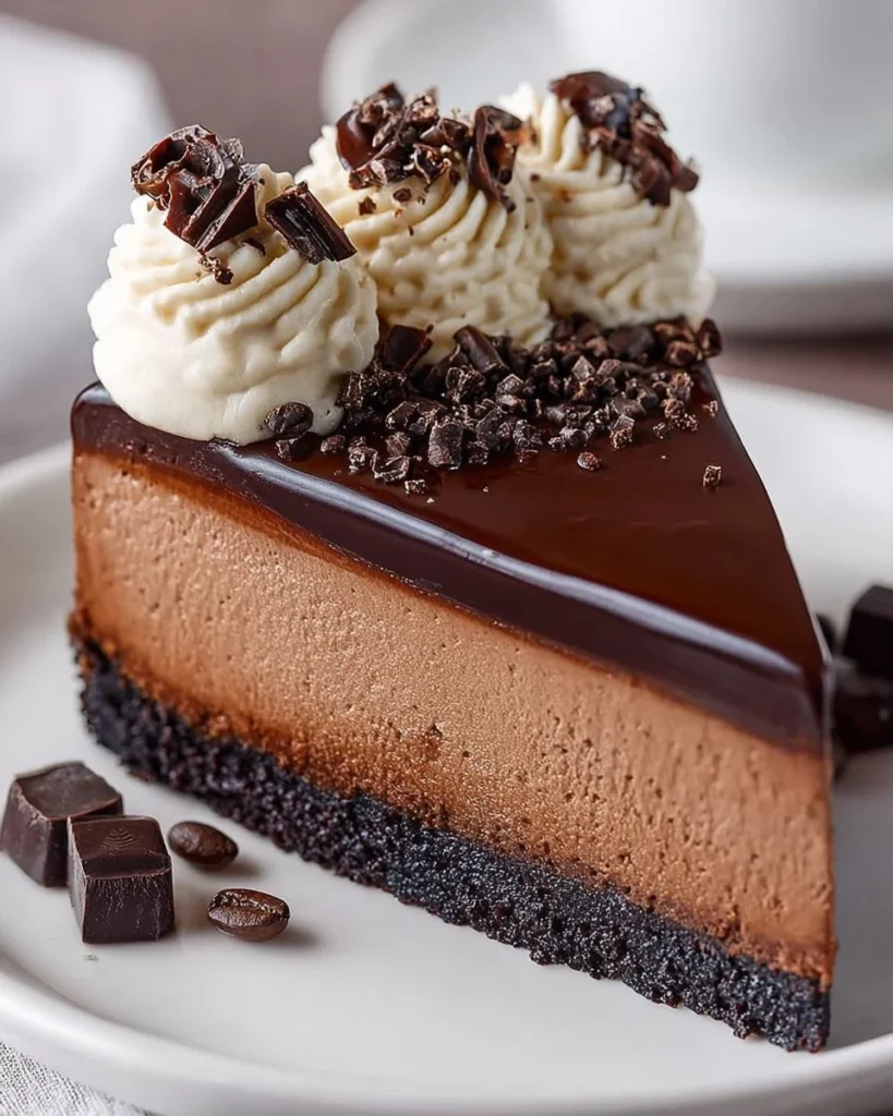 Delicious no-bake chocolate cheesecake topped with chocolate shavings.