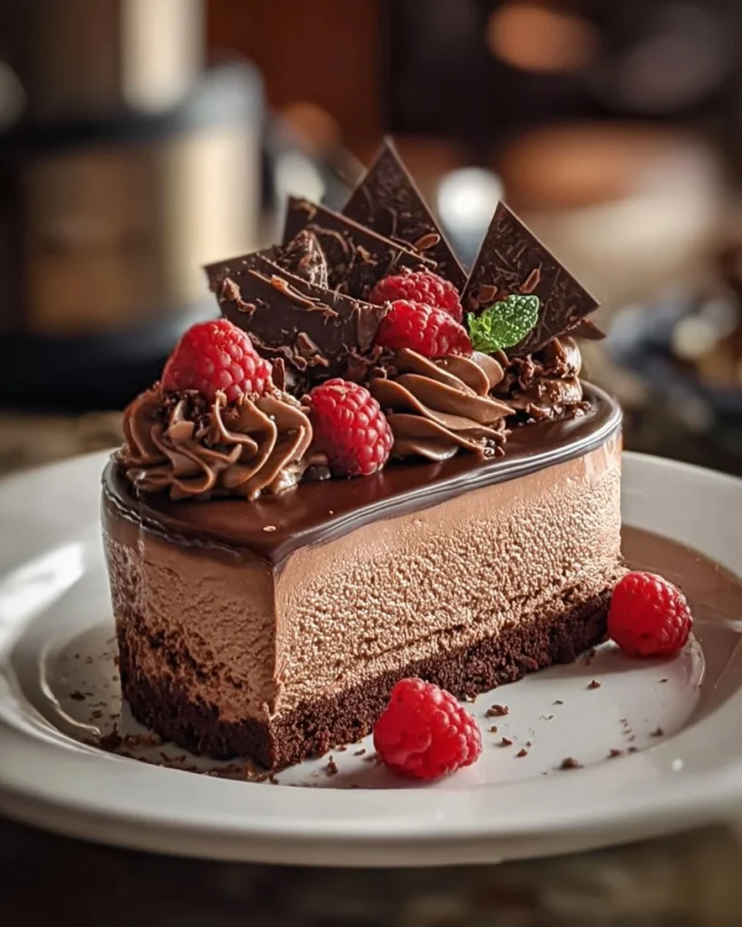 No-bake chocolate cheesecake topped with chocolate shavings