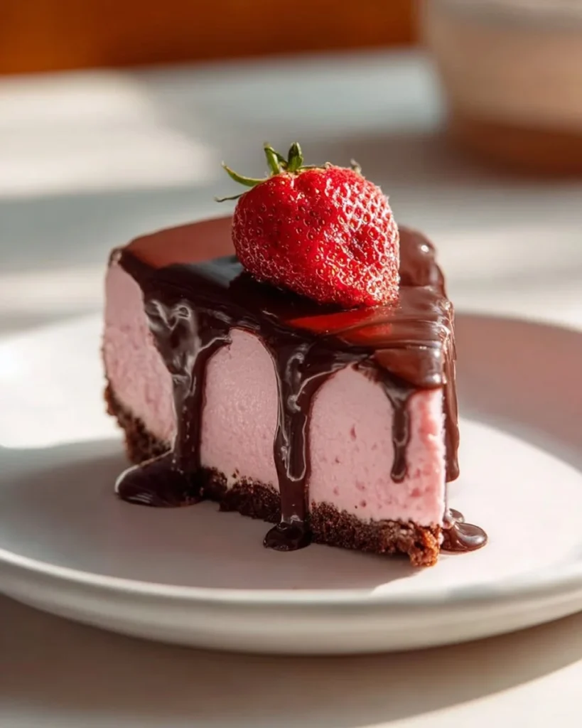 No-bake chocolate covered strawberry cheesecake topped with fresh strawberries