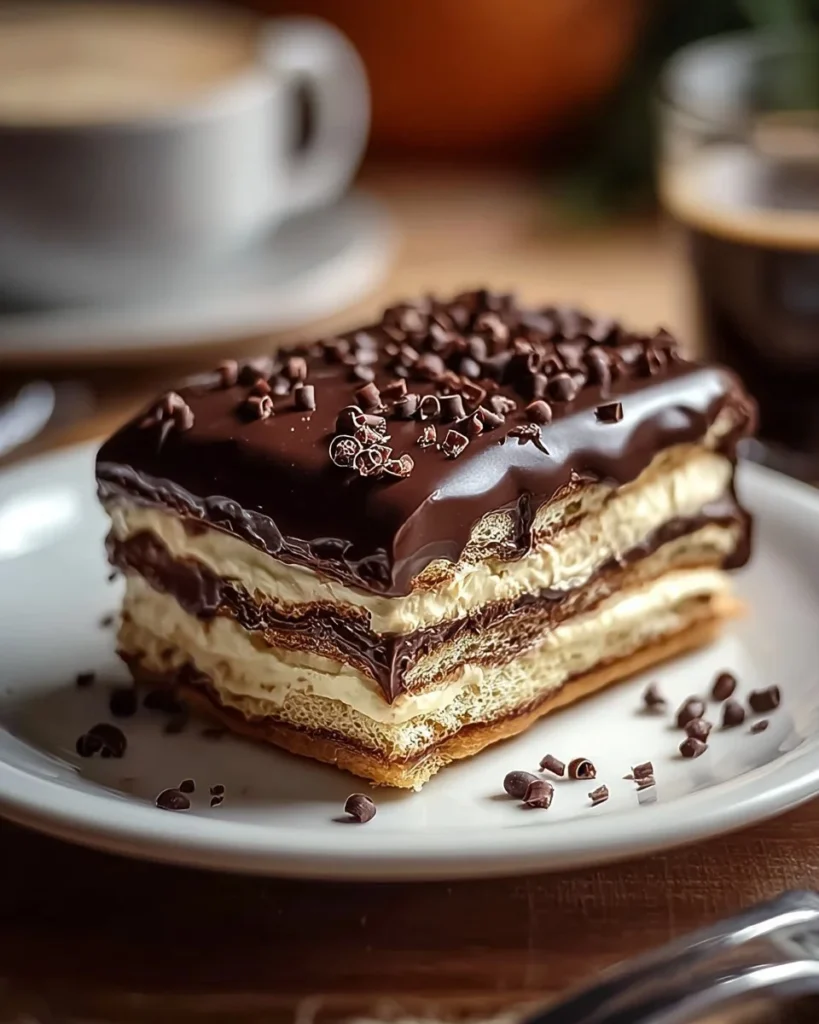 No-bake chocolate eclair cake with creamy layers and chocolate glaze