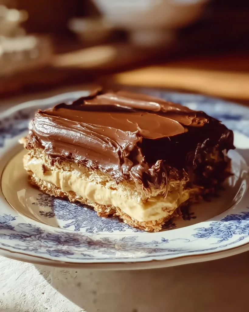 No-Bake Chocolate Eclair Cake topped with chocolate ganache and whipped cream.