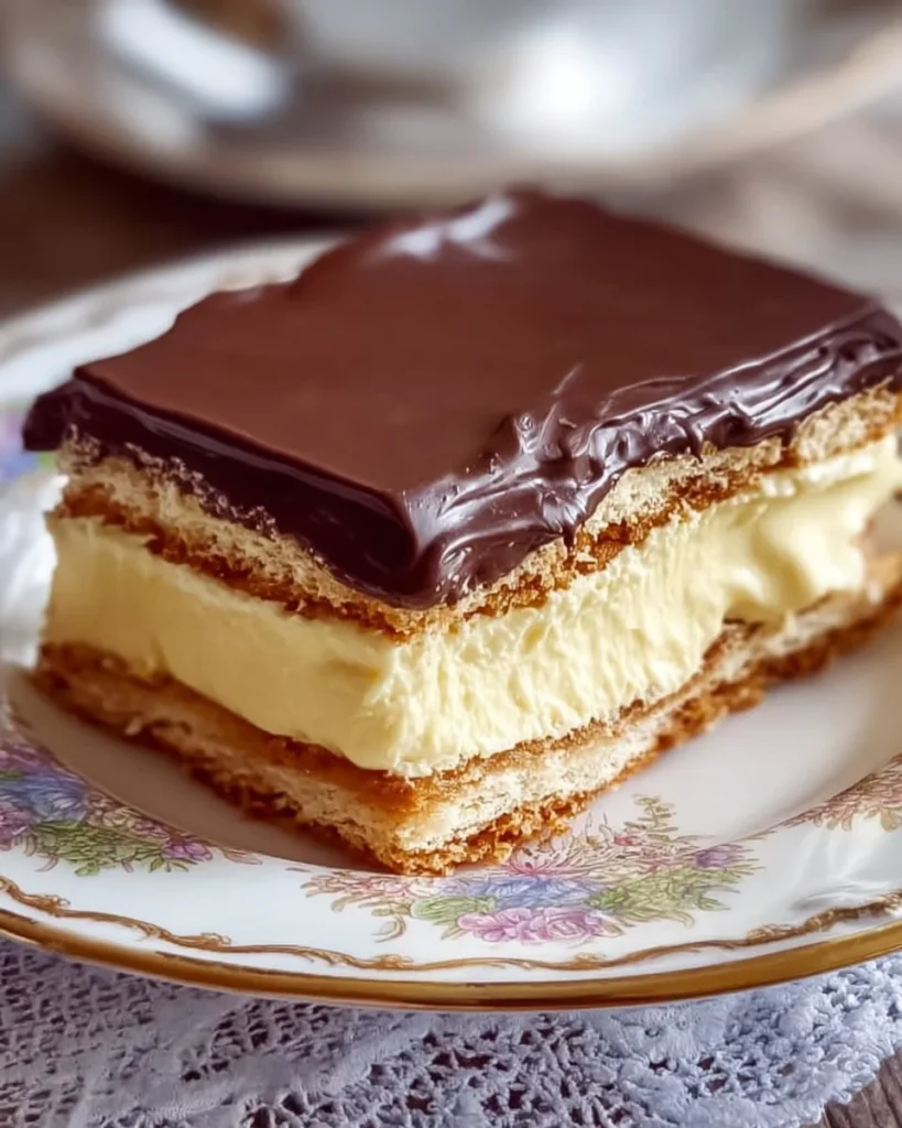 Delicious no-bake chocolate eclair cake layered with chocolate and cream