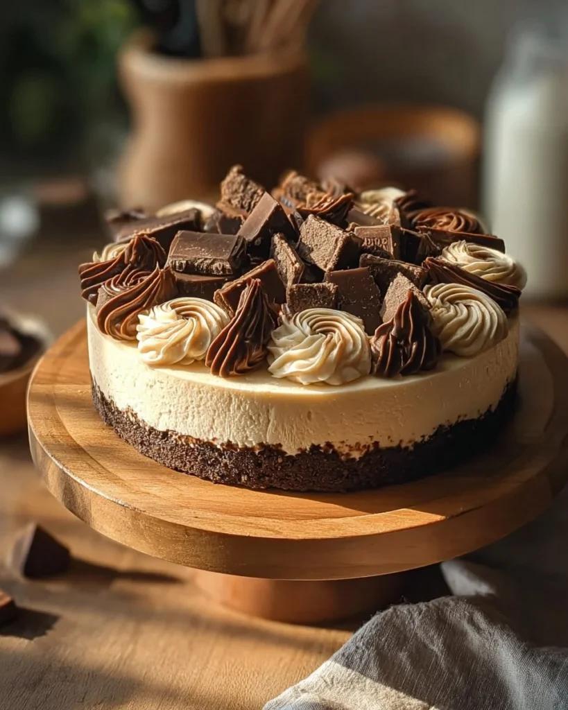 Delicious no-bake chocolate fingers cheesecake topped with chocolate shavings