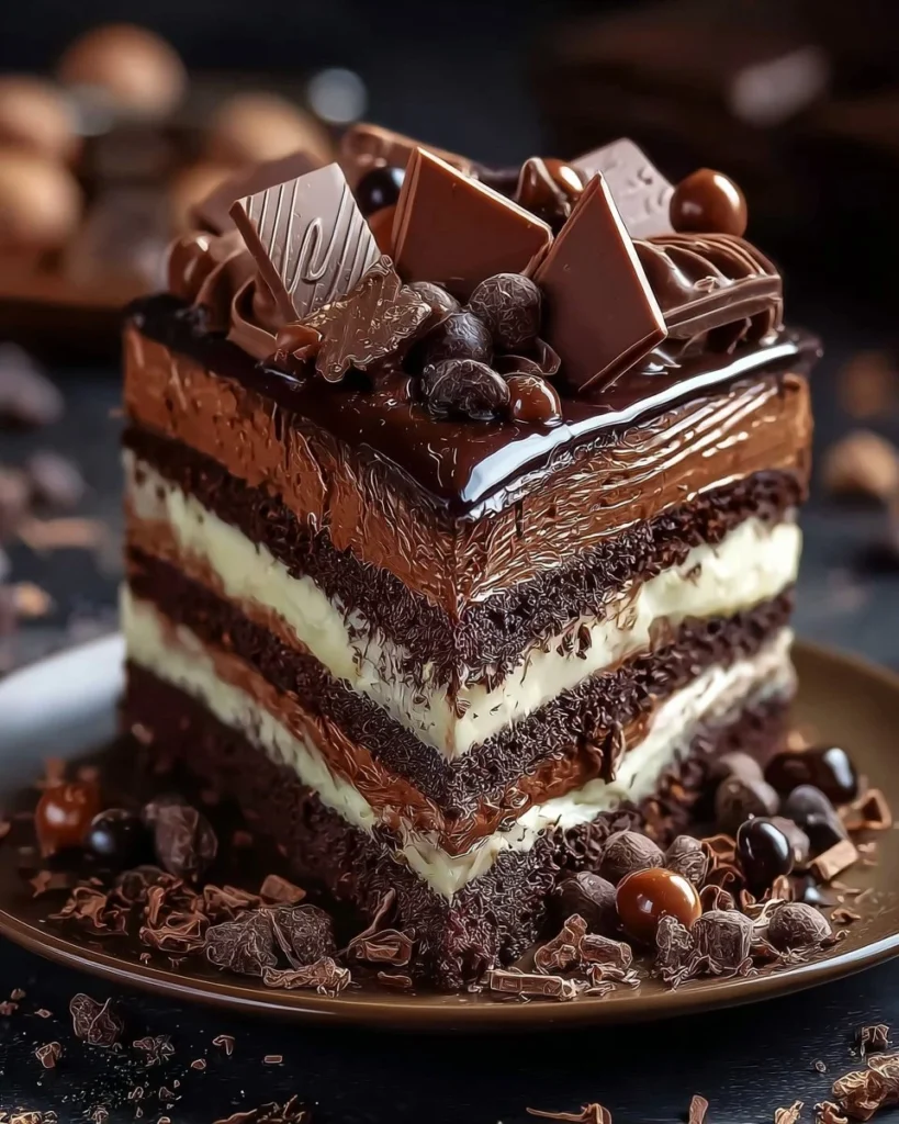 No-bake chocolate layer cake with rich chocolate frosting and layers of cream.