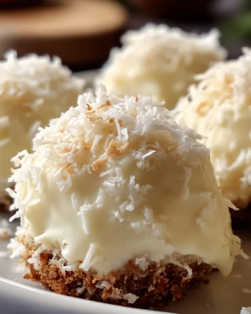 Delicious no-bake coconut cream balls on a white plate garnished with shredded coconut.