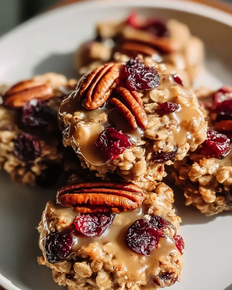 No bake cranberry pecan praline cookies on a plate