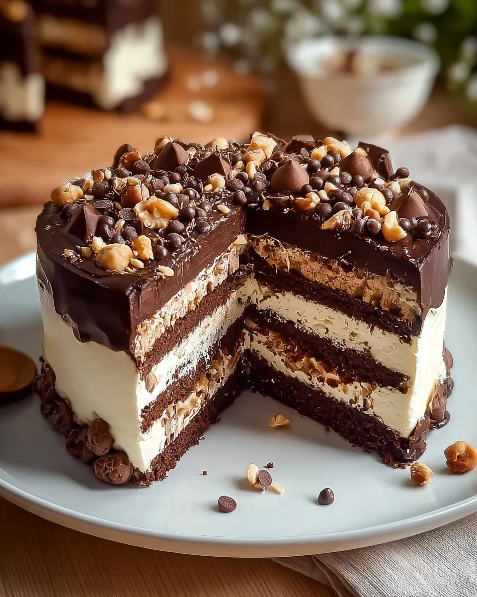 Delicious no-bake cream chocolate cake topped with chocolate shavings