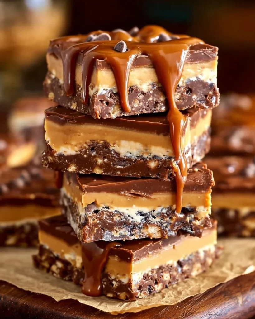 Delicious no bake crispy Snickers bars with chocolate and peanuts