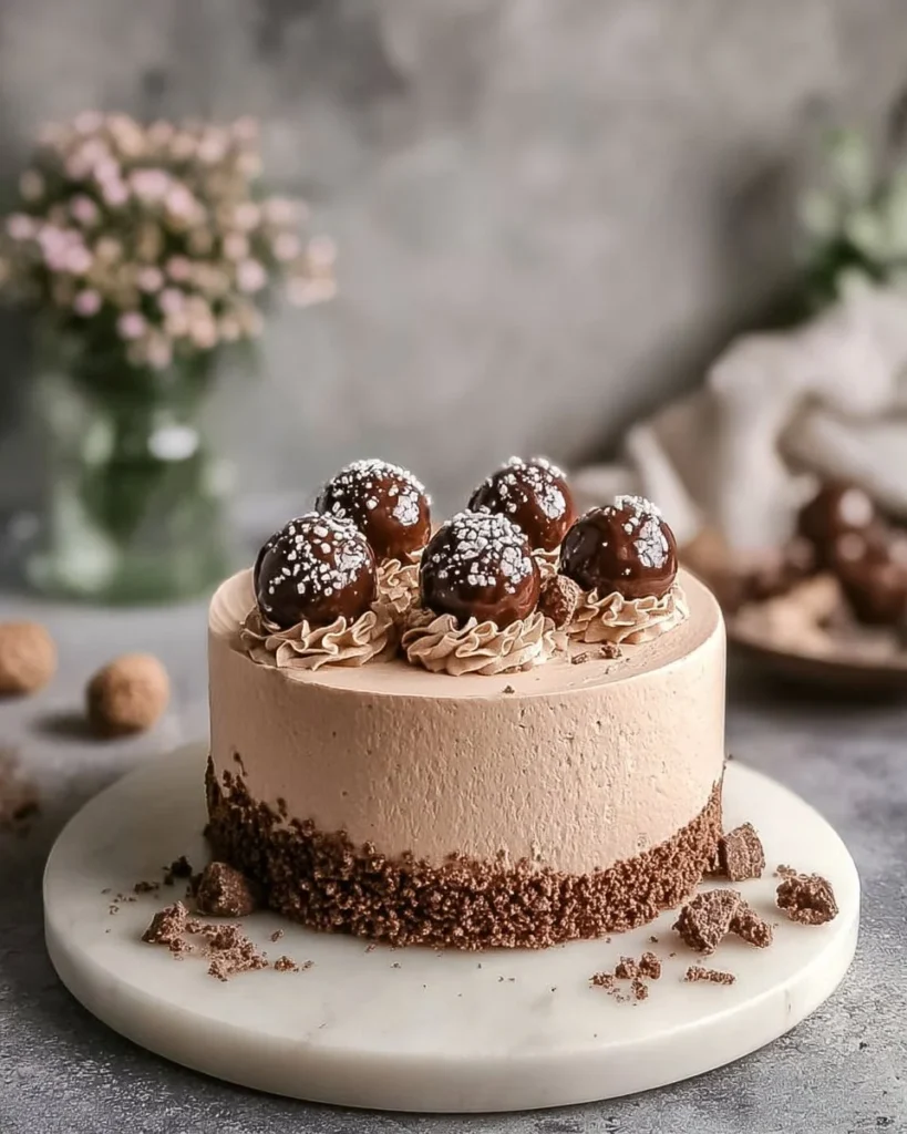 No-Bake Ferrero Rocher Cheesecake topped with chocolate and hazelnuts