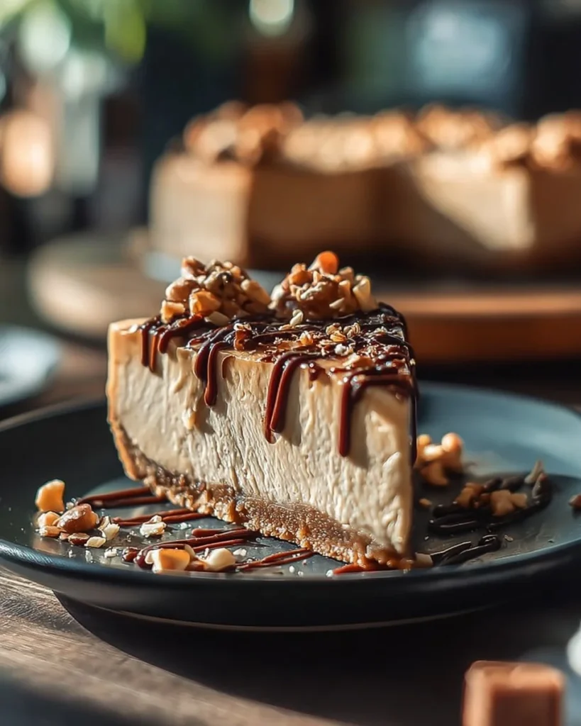 No-Bake Frozen Peanut Butter Cheesecake topped with chocolate drizzle