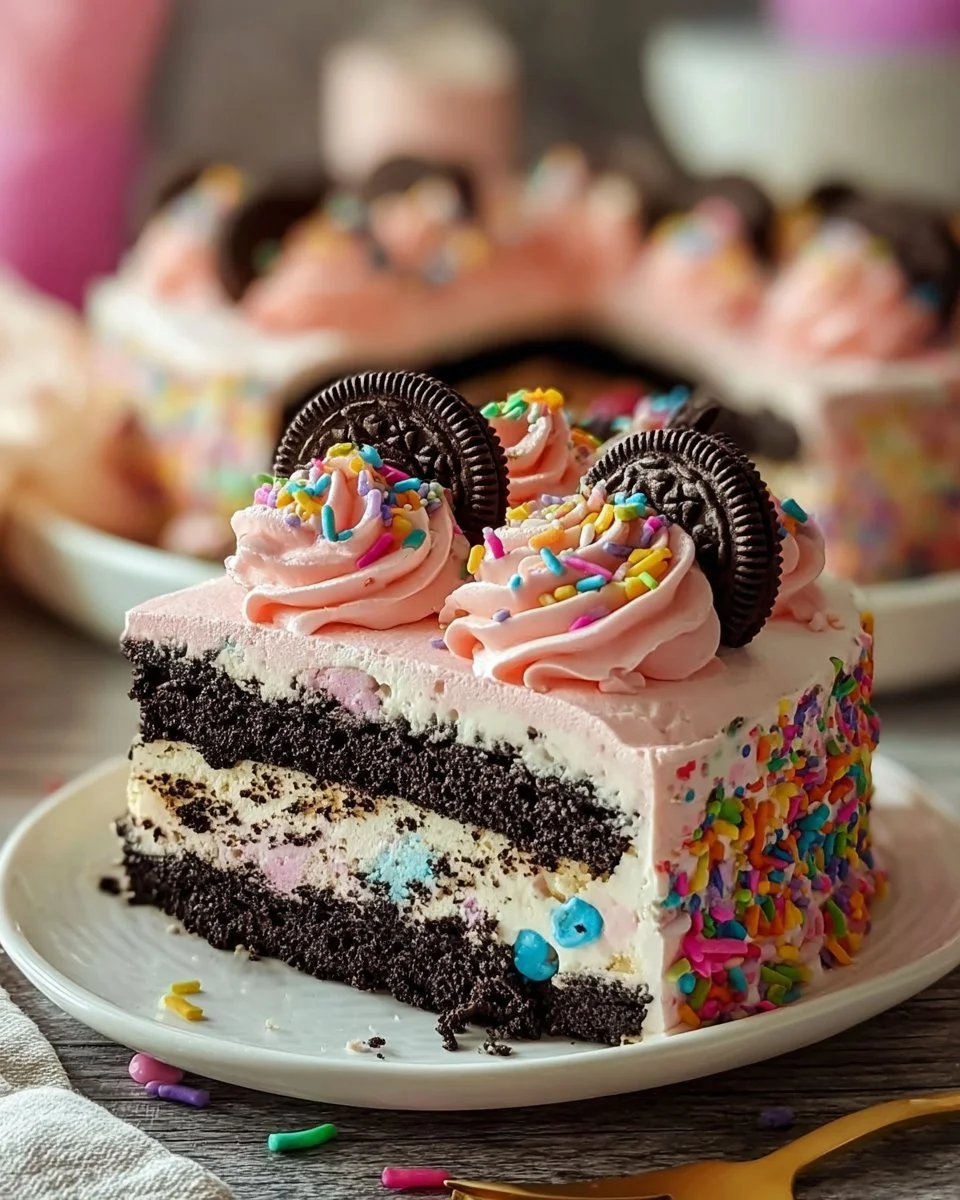 No-Bake Funfetti Oreo Icebox Cake topped with colorful sprinkles.