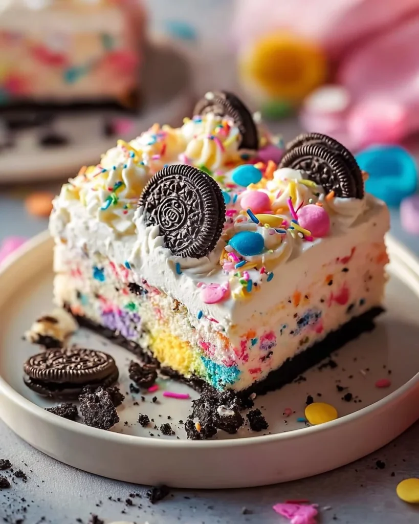 No-Bake Funfetti Oreo Icebox Cake with colorful sprinkles