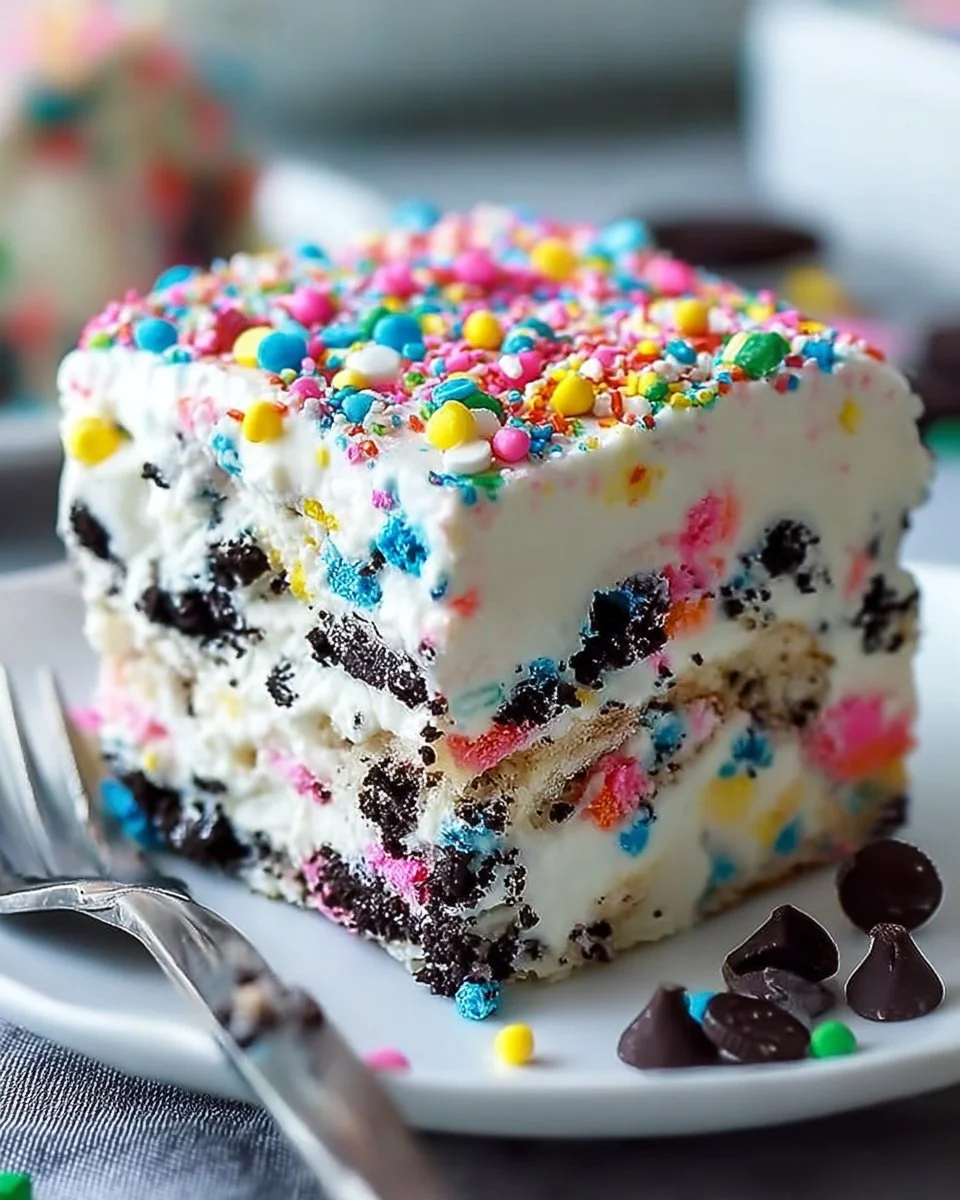 No-Bake Funfetti Oreo Icebox Cake with colorful sprinkles and cream layers