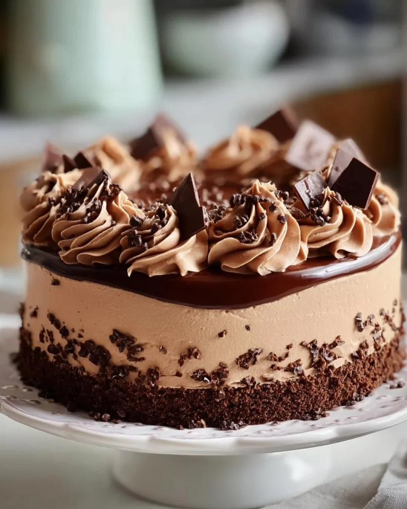 No-Bake German Chocolate Cheesecake topped with chocolate and coconut frosting