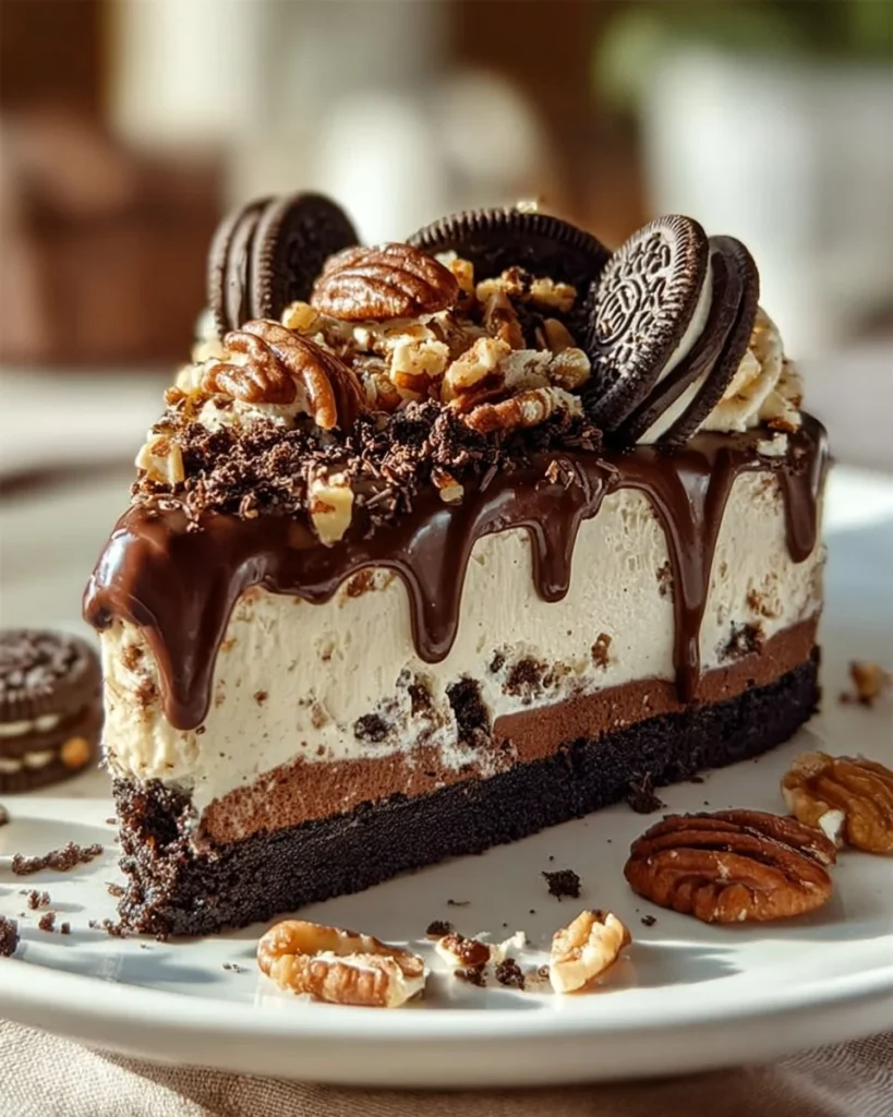 No-Bake German Chocolate Cheesecake topped with coconut and pecans