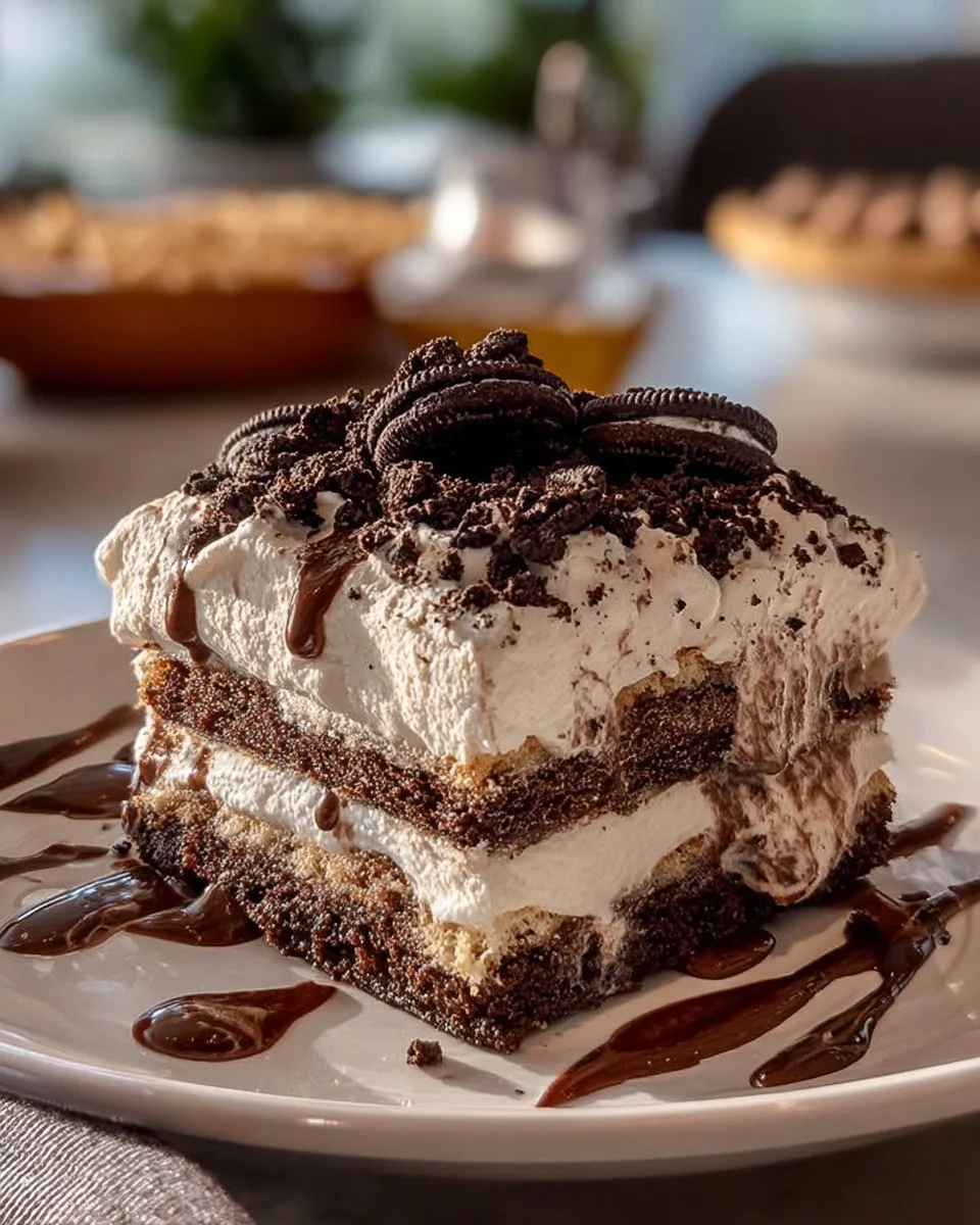 Delicious no-bake icebox cake layered with creamy frosting and chocolate