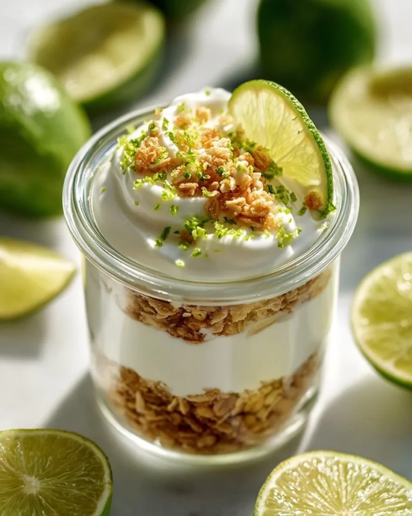 Delicious no bake key lime parfaits served in glass cups with lime slices.