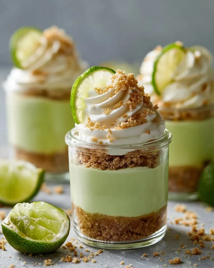 No-Bake Key Lime Parfaits in glass cups with lime slices and whipped cream
