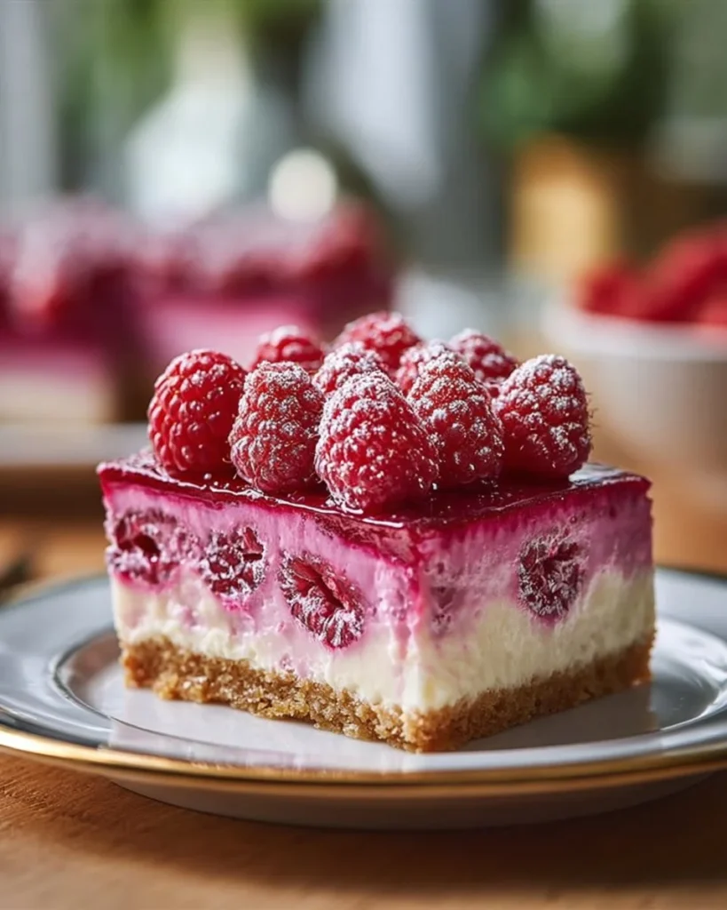 No-Bake Layered Raspberry Vegan Cheesecake topped with fresh raspberries