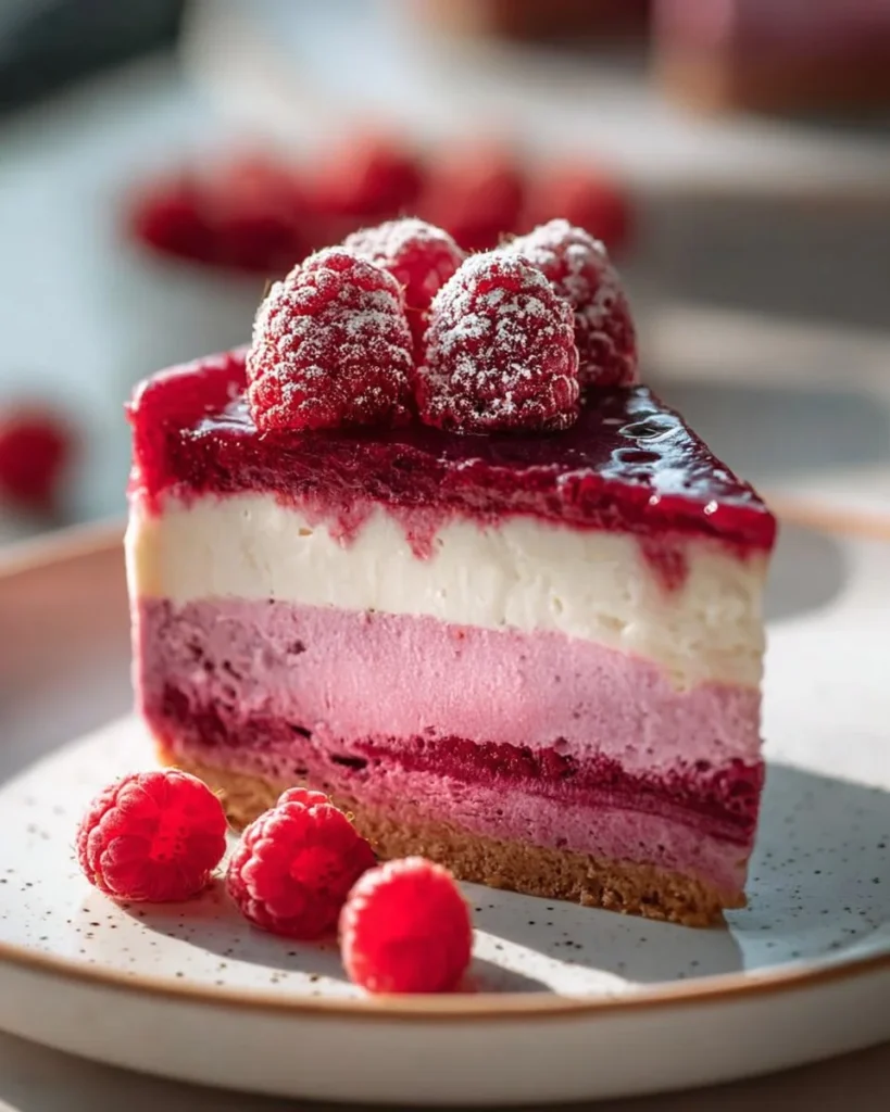No-Bake Layered Raspberry Vegan Cheesecake topped with fresh raspberries and coconut