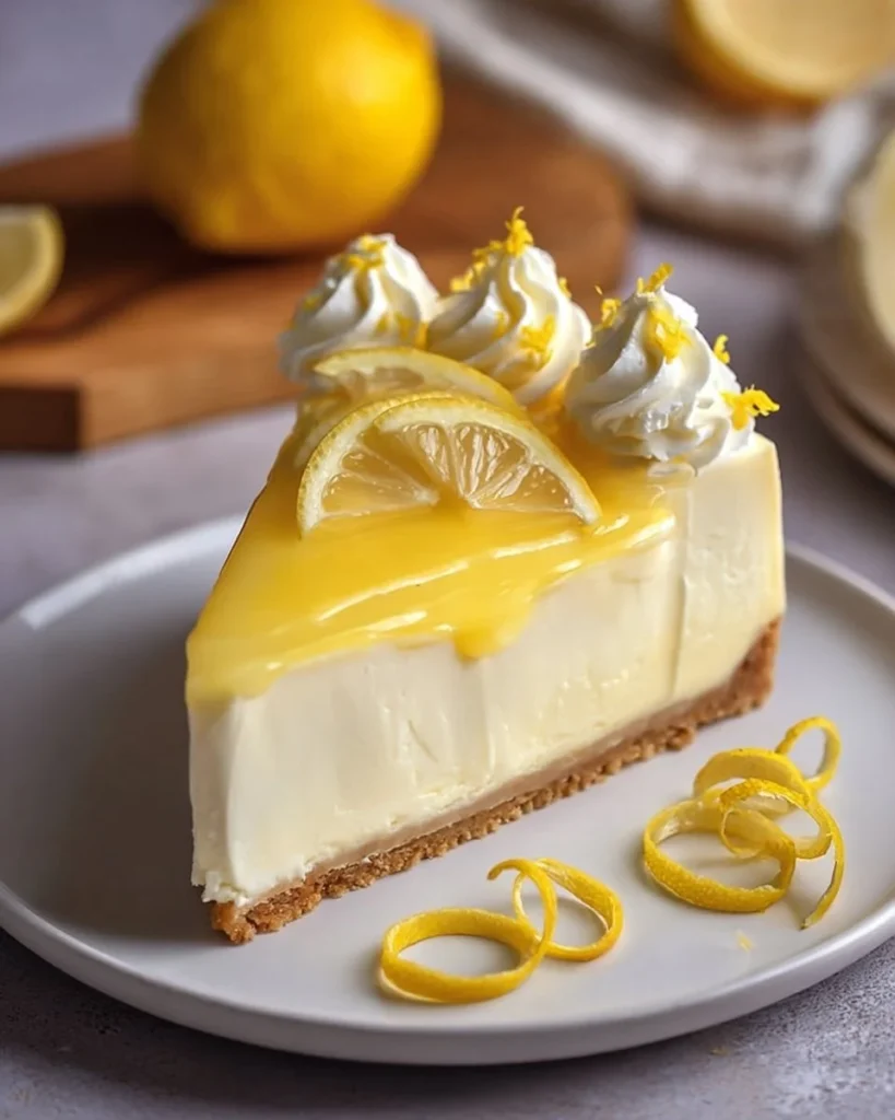 Slice of no-bake lemon cheesecake topped with lemon zest and fresh berries.