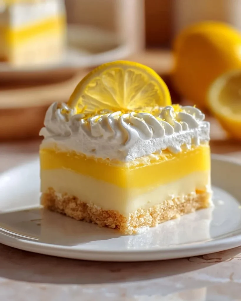 No bake lemon cheesecake bars with a zesty lemon topping and graham cracker crust