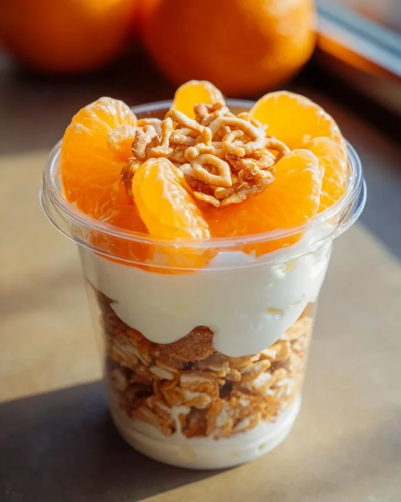 Delicious no-bake mandarin orange parfait with pretzel crust and whipped cream.