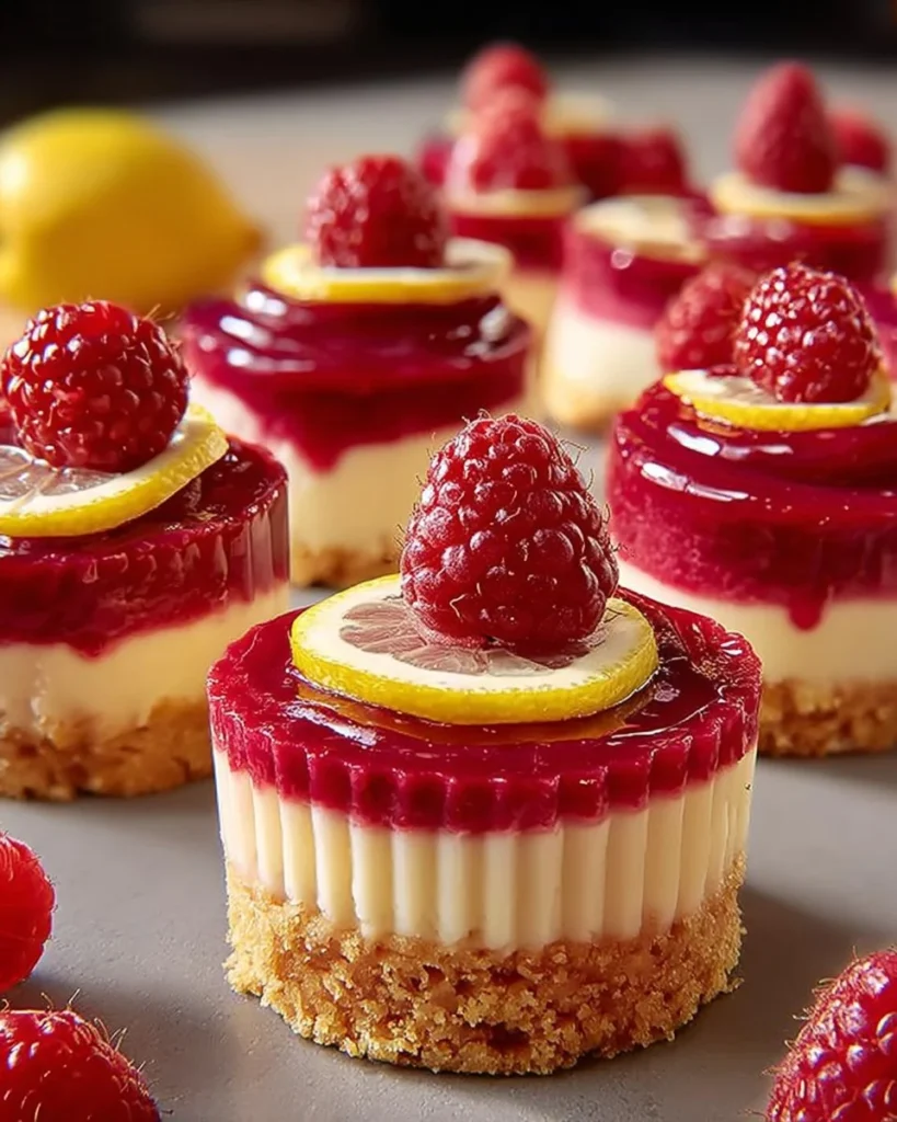 No-bake mini lemon raspberry cheesecakes on a white plate