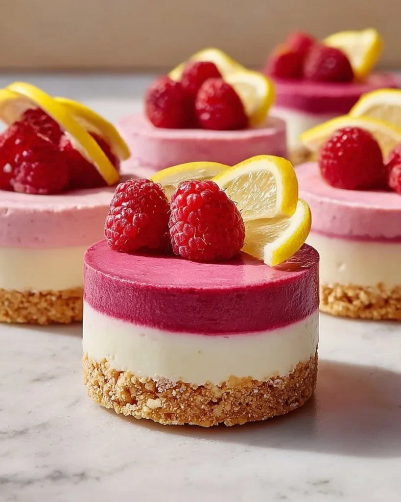 No-Bake Mini Lemon Raspberry Cheesecakes on a dessert plate