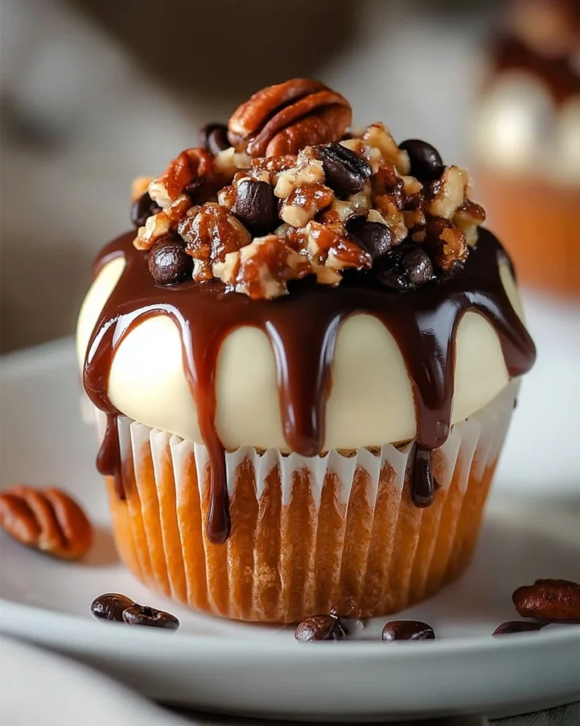 No-bake mini turtle cheesecakes topped with chocolate and caramel sauce.