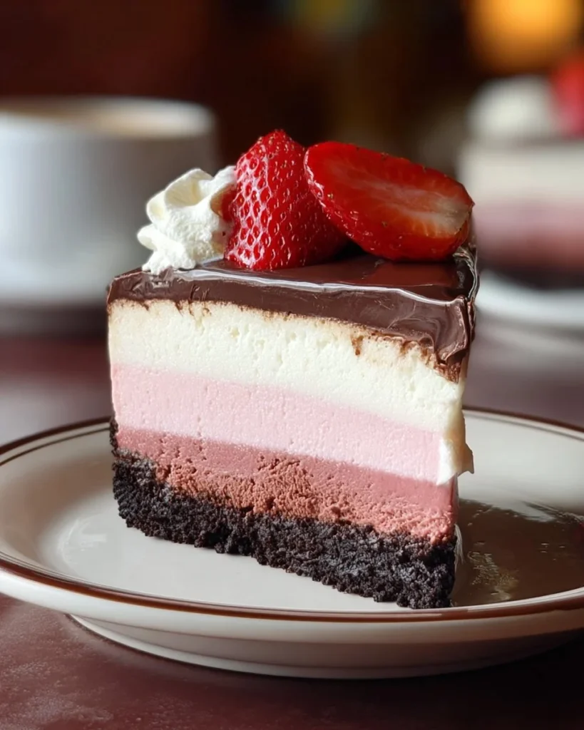 No-Bake Neapolitan Cheesecake with chocolate, vanilla, and strawberry layers