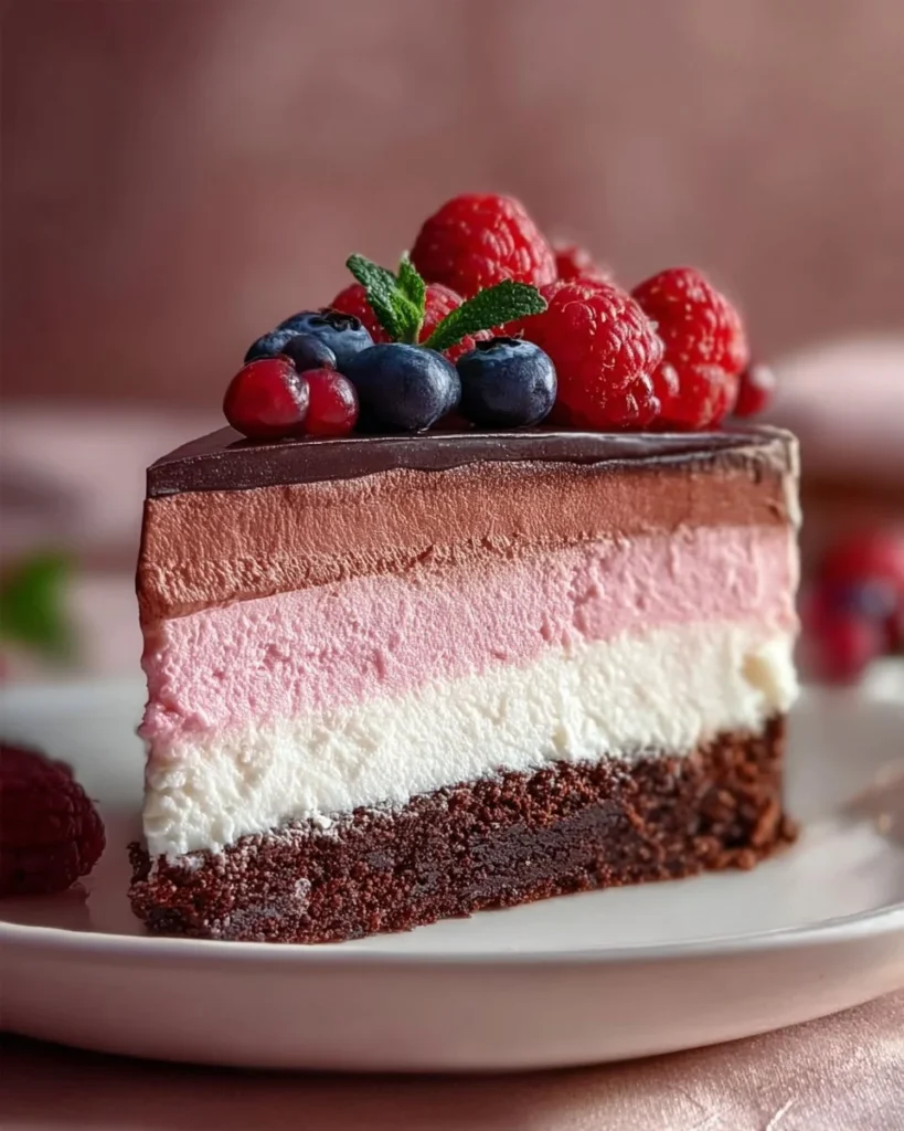 No-Bake Neapolitan Cheesecake with strawberry, chocolate, and vanilla layers