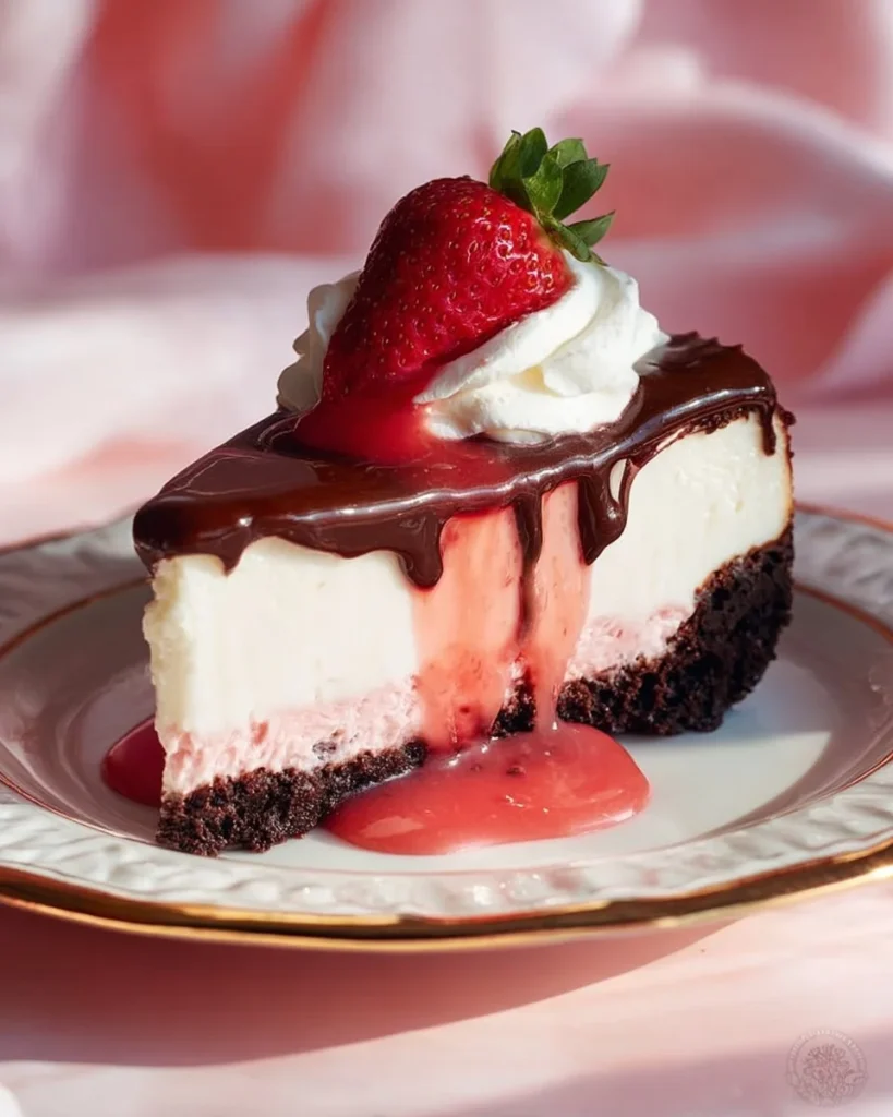 Delicious no-bake Neapolitan cheesecake with layers of chocolate, vanilla, and strawberry.