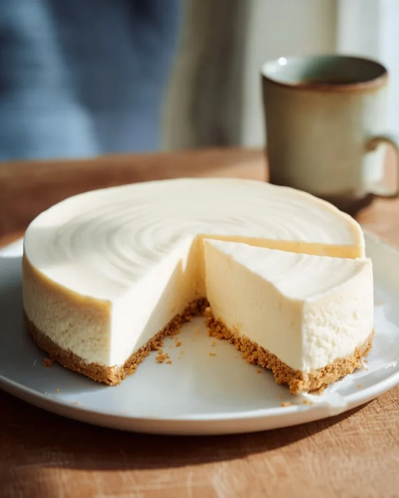 No-Bake New York Cheesecake topped with fresh berries on a silver plate