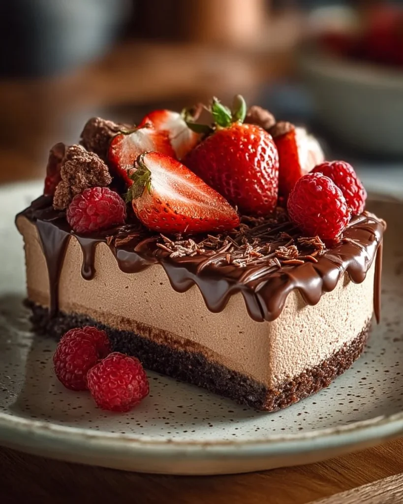 Delicious no-bake Nutella cheesecake topped with chocolate and hazelnuts.