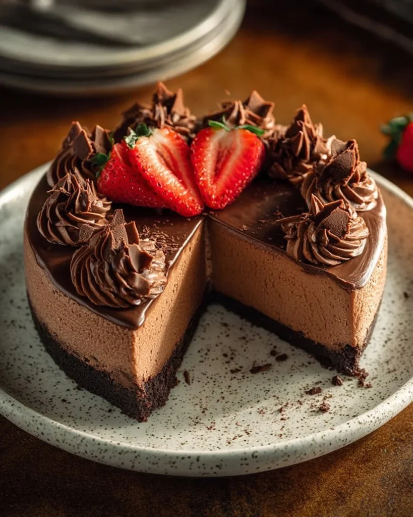 No bake Nutella cheesecake topped with chocolate and hazelnuts