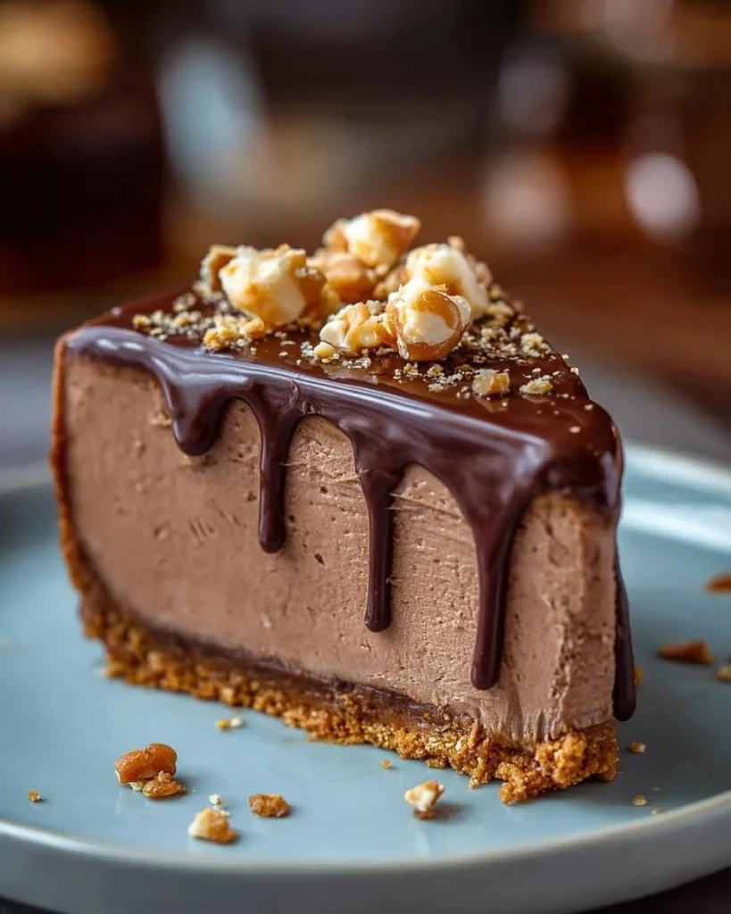Delicious no-bake Nutella cheesecake topped with chocolate and hazelnuts.