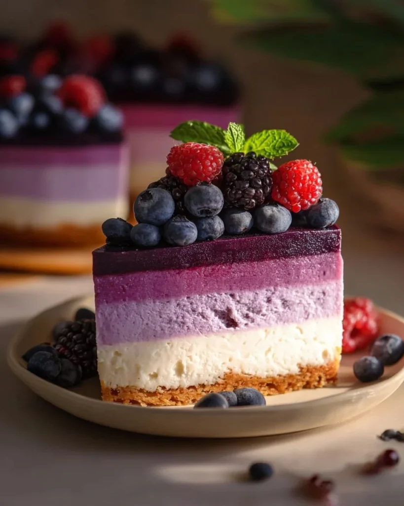 No-Bake Ombre Berry Cheesecake layered with fresh berries and cream cheese