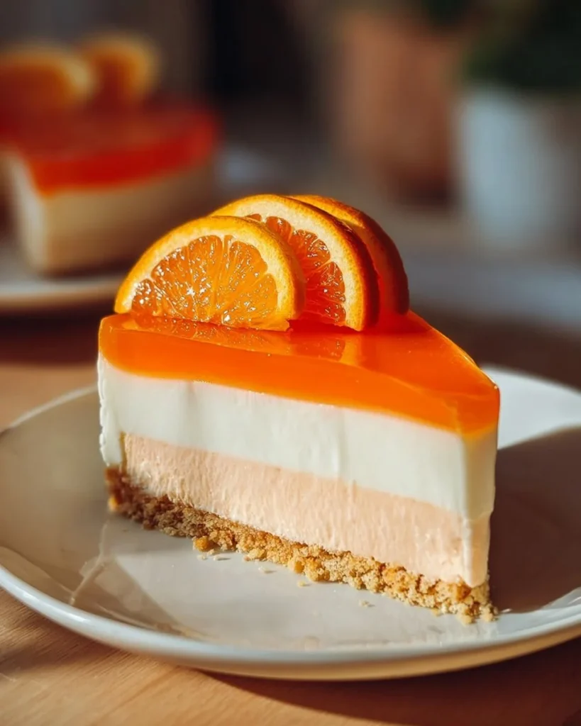 Slice of no-bake orange creamsicle cheesecake on a plate