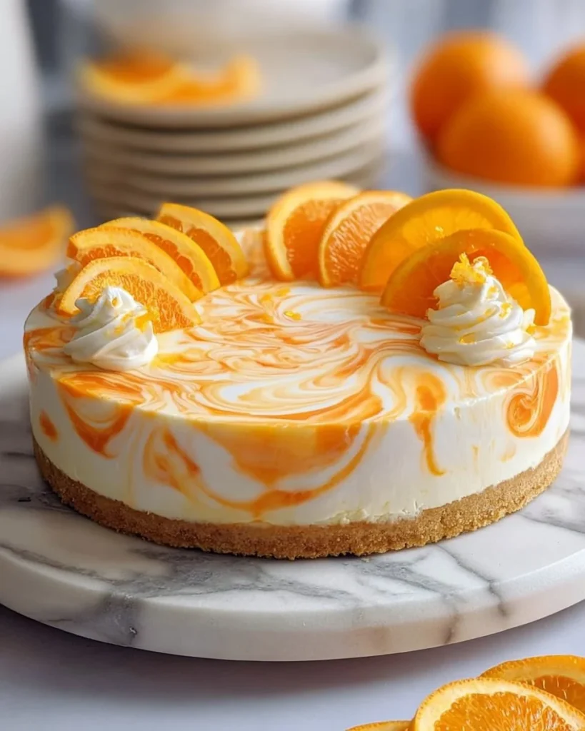 No-Bake Orange Creamsicle Cheesecake garnished with orange slices